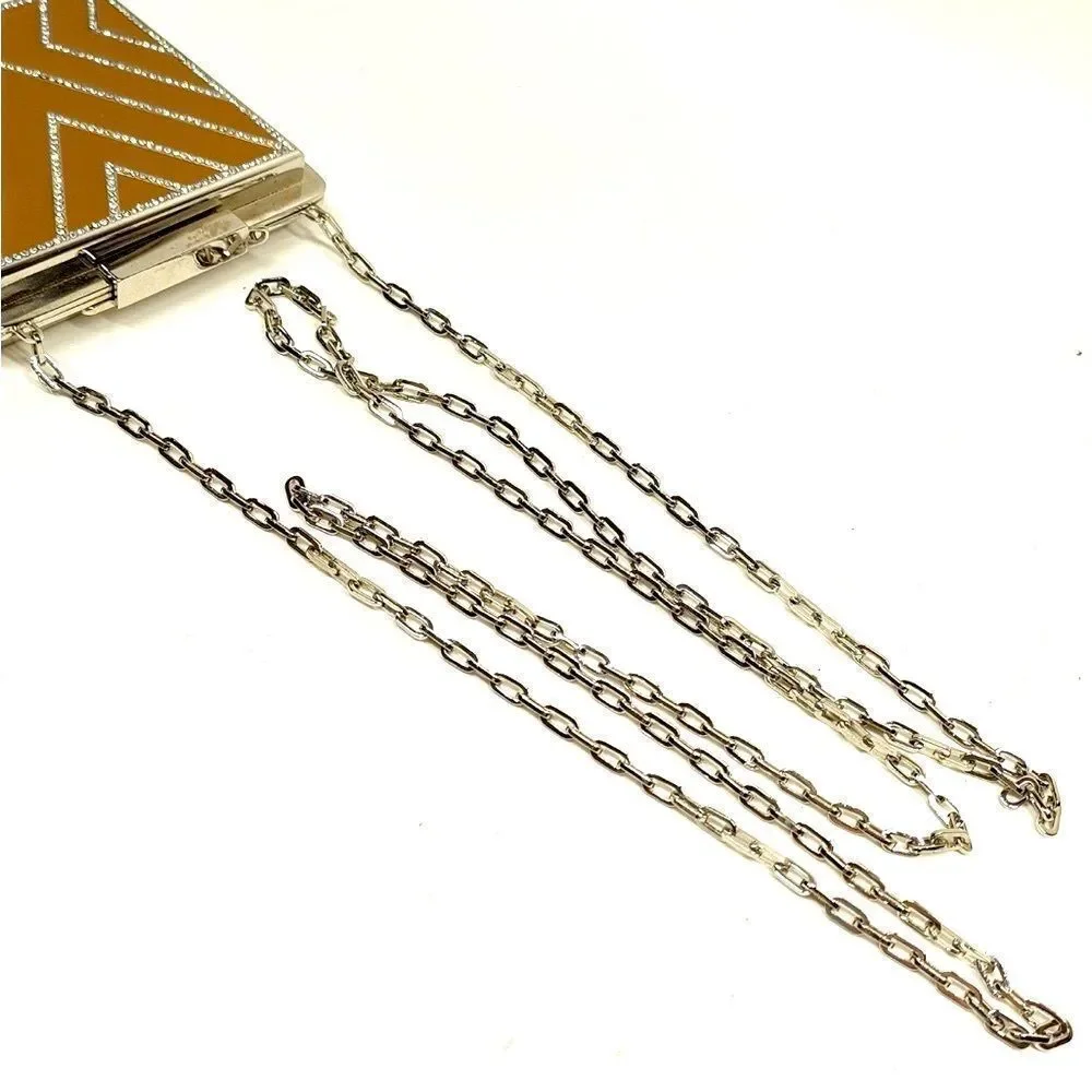Auth Valentino Garavani Tan Enamel Rhinestone Geometric Clutch Minaudière Chain